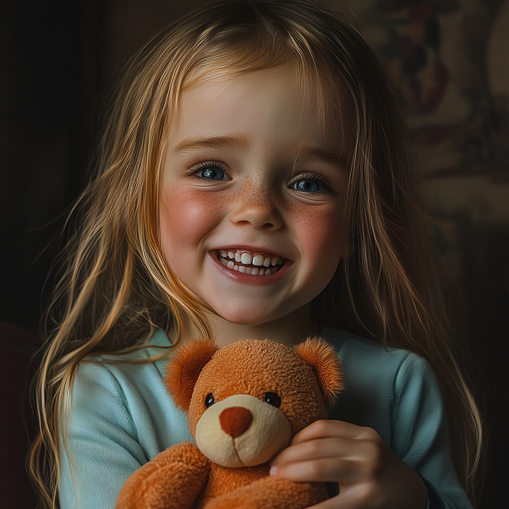 A happy little girl holding a teddy bear | Source: Midjourney